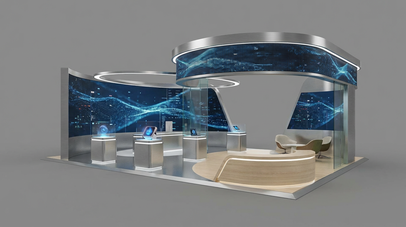 Exhibition booth 3D render before AI background enhancement